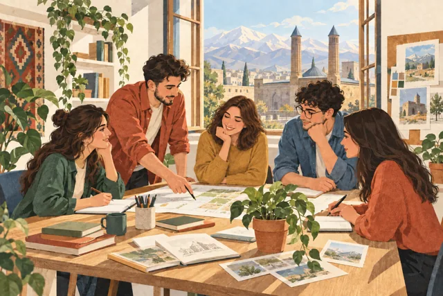 Erzurum’da birlikte proje planlayan gençleri anlatan illüstrasyon